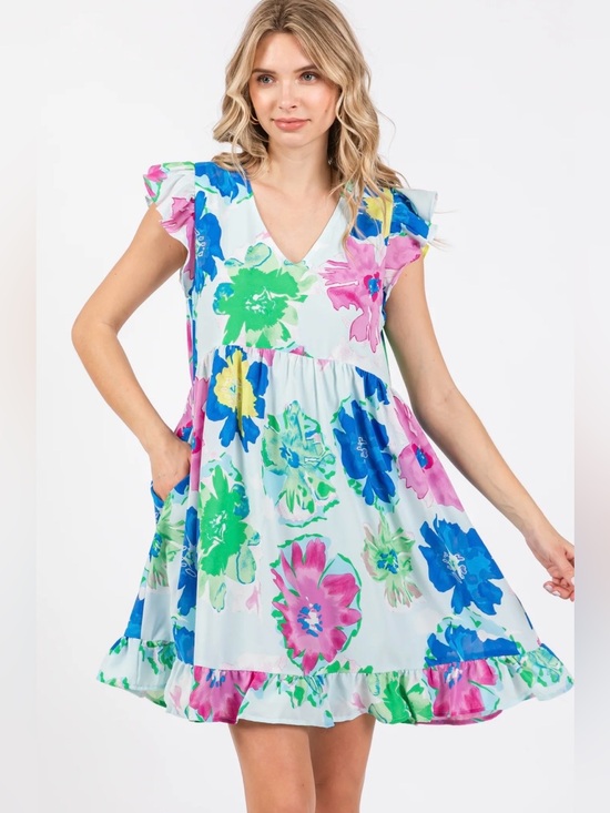 JODIFL Dresses & Skirts - JODIFL Pastel Floral Ruffle Sleeve Dress - Blue, Pink & Green